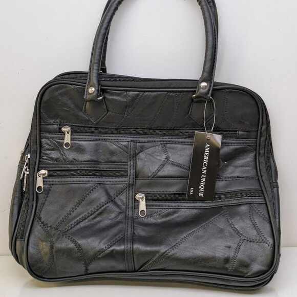 American Unique Black Patterned Genuine Leather Rectangular Handbag with Strap - Picture 1 of 6
